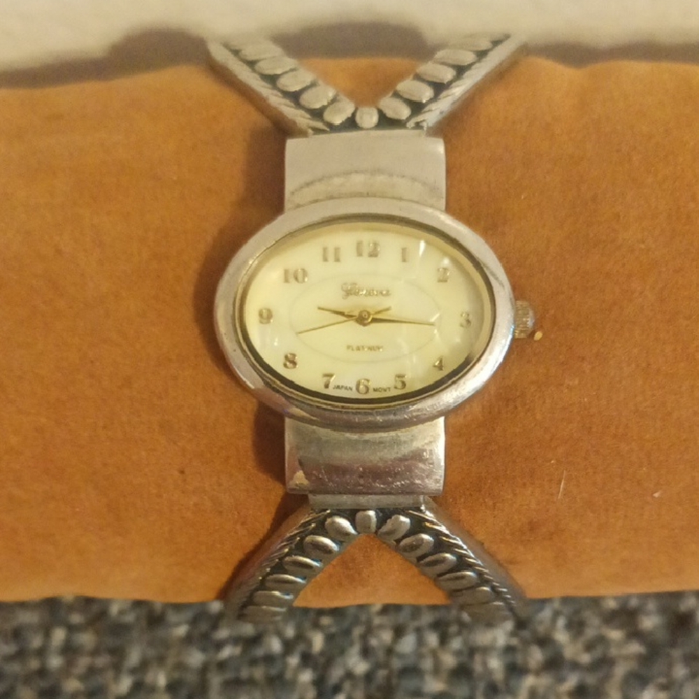 Geneva Silver Cuff And Mother Of Pearl Face Statement Bracelet Watch